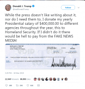 特朗普推特晒支票：我的总统工资都捐了